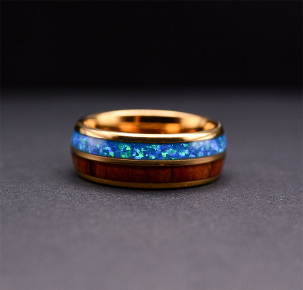 Match His and Hers Yellow Gold Tungsten Rings Opal Ring With Koa Wood Inlay
