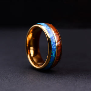 Wood Wedding Band: Rose Gold Tungsten Opal Ring With Koa Wood Inlay, Unisex Wedding Ring, wooden Ring for men , Wood Wedding Band, 8mm Ring Hawaiian Koa Wood