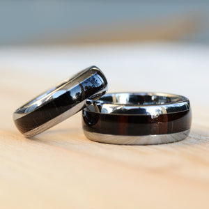 Wedding Band Rings Set Black Tungsten Ring Sets with Koa Wood Inlay and Sleek Silver Feathered Arrow | Urban Designer