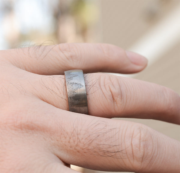 Mens Wedding Band Tungsten Ring Lasered Forest Landscape Men's Brushed Wedding Band with Olive Wood Sleeve