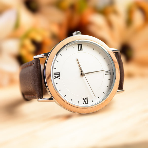 UD Classic stainless steel in silver designer wooden watch with Premium Leather Strap