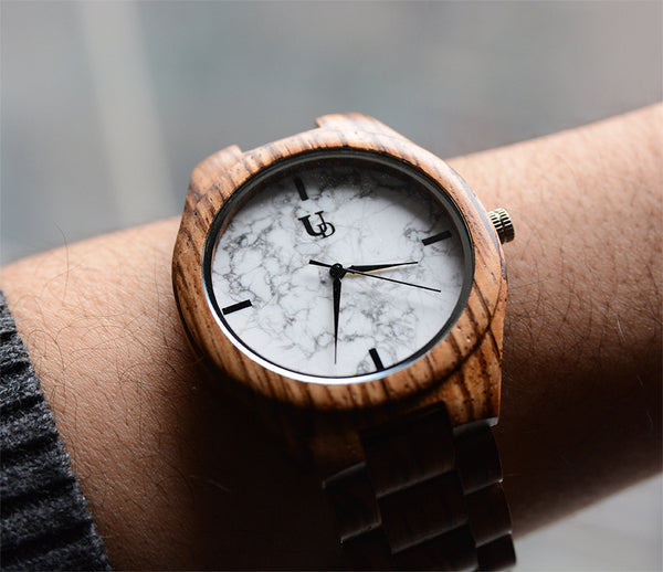 Zebra Round Wooden Watch With Real White Marble Stone Face