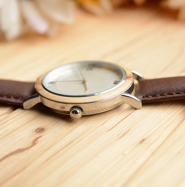 UD Classic stainless steel in silver designer wooden watch with Premium Leather Strap