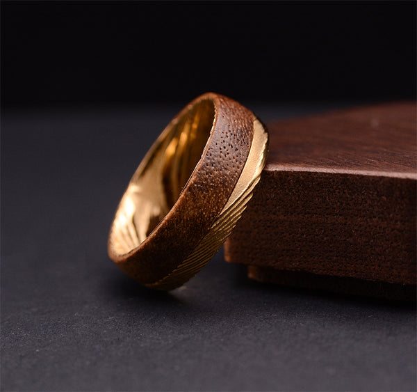 Avo 8mm Wedding Band Damascus Steel & Bubinga Wood Inlay Design