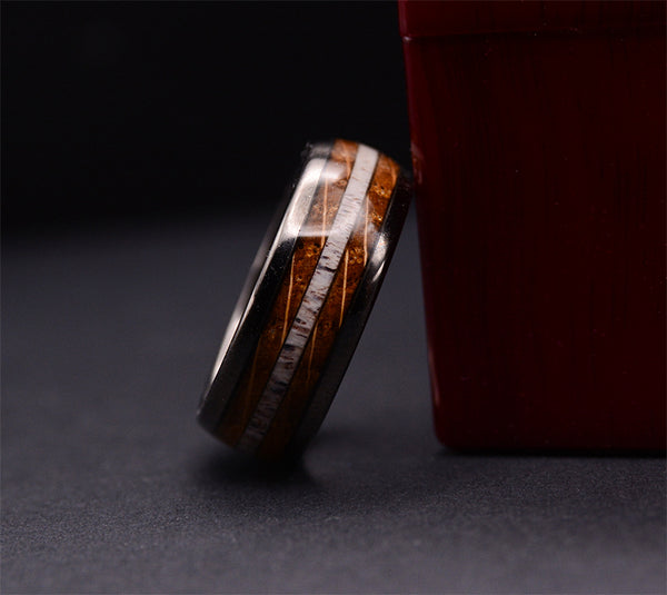 Gunmetal Gray Tungsten Rings For Men Whiskey Barrel Wood & Elk Antler Inlay