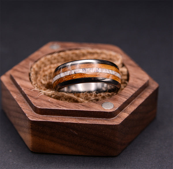 Gunmetal Gray Tungsten Rings For Men Whiskey Barrel Wood & Elk Antler Inlay