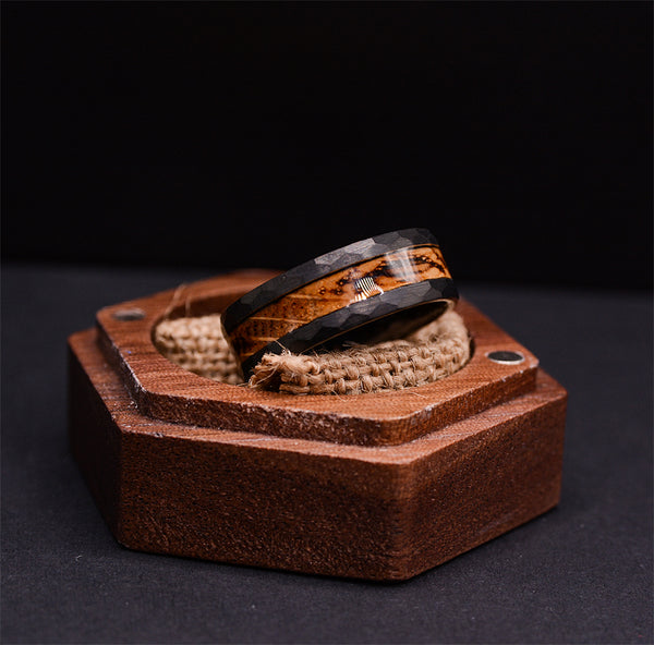 Classic Dark Tungsten Rings with Wood Inlay and Hammered Texture