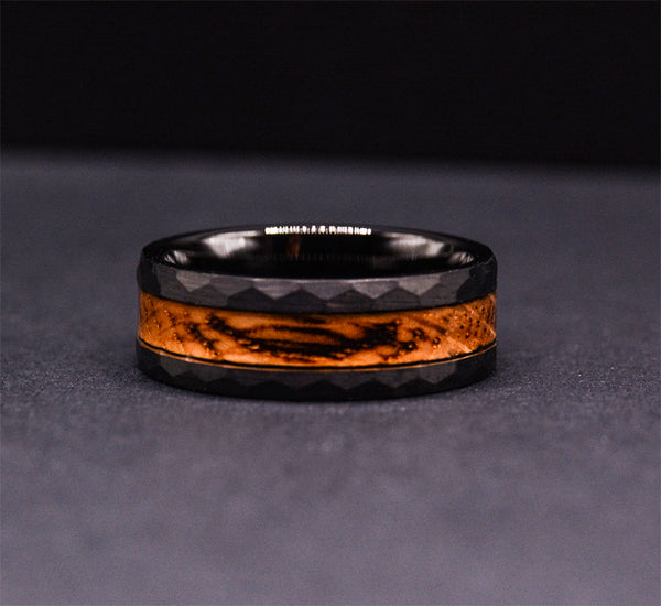 Classic Dark Tungsten Rings with Wood Inlay and Hammered Texture