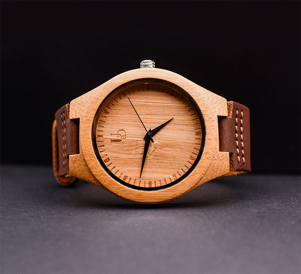Wooden Watches Personalized Engraved Minimalist Bamboo Wood Face Watch with Premium Leather Strap