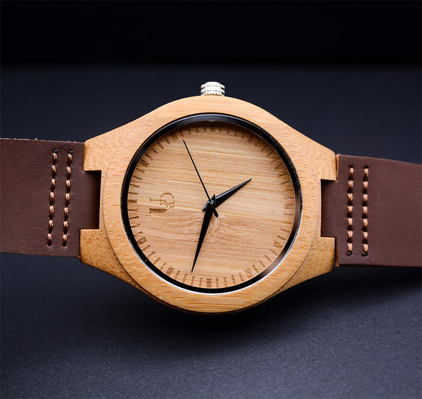 UXD Personalized/Engraved Minimalist Bamboo Wood Face Watch with Premium Leather Strap