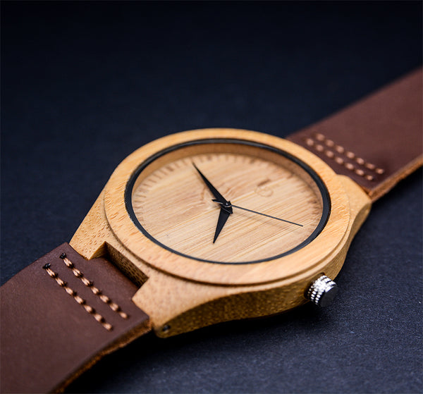 UXD Personalized/Engraved Minimalist Bamboo Wood Face Watch with Premium Leather Strap