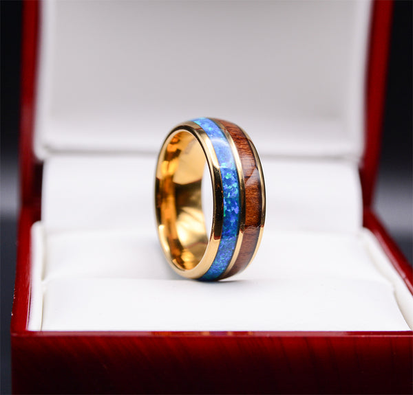 8mm Rose Gold Tungsten Opal Ring With Koa Wood Inlay