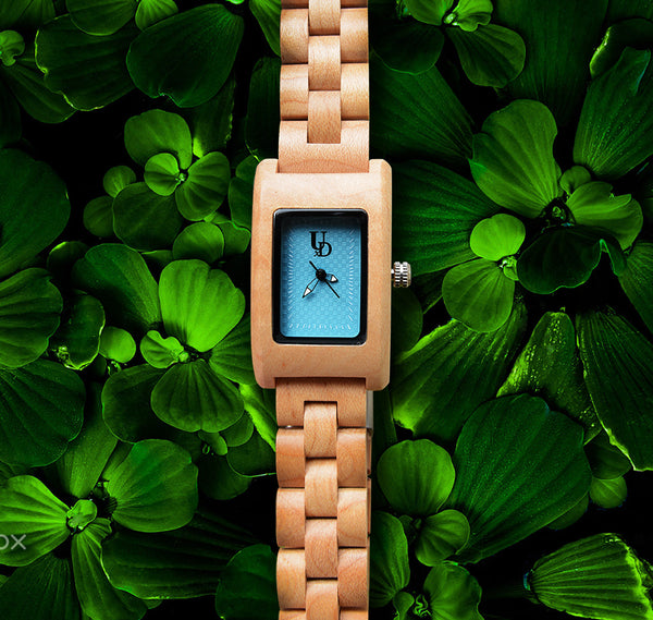 UXD Elegant Turquoise Dial Rectangle Square Natural Wooden Watch For Women
