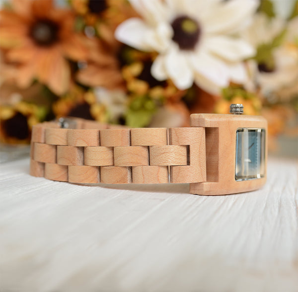 UXD Elegant Turquoise Dial Rectangle Square Natural Wooden Watch For Women