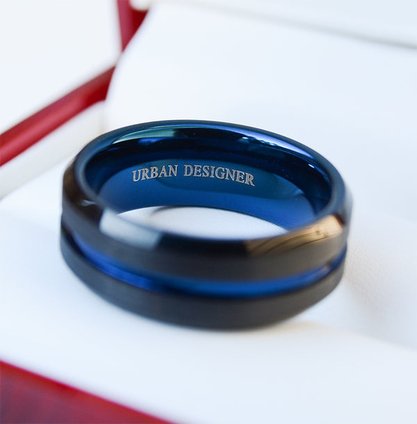 8mm Dark Tungsten Wedding Ring for Men with Striking Blue Accents