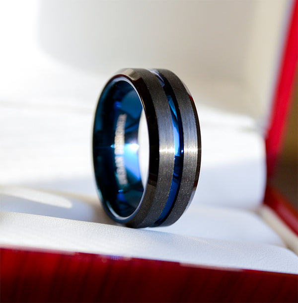 Wedding Band Men Dark Tungsten Wedding Ring For Men With Blue Color Combine | Urban Designer