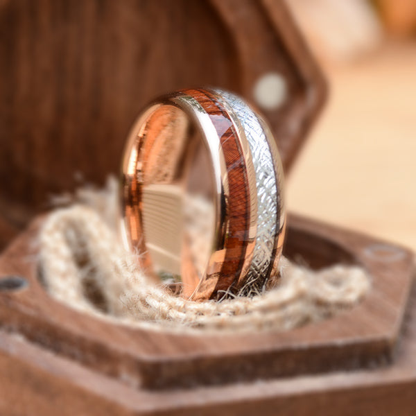 Womens Wooden Wedding Rings Rose Gold Plated Tungsten Ring With Meteorite And Wood Inlay | Urban Designer