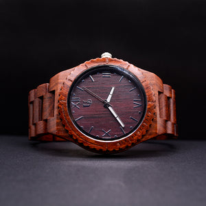 engraved wood watch for men with red wood