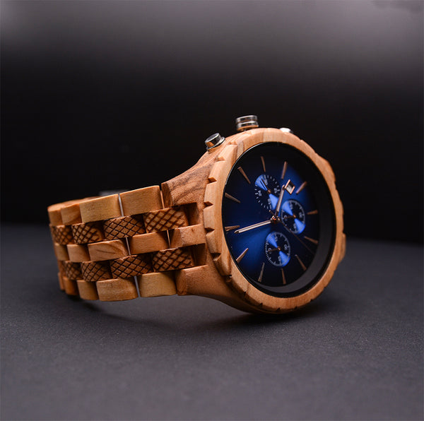 Classic Engraved Mens Wood Watch With Sapphire Face