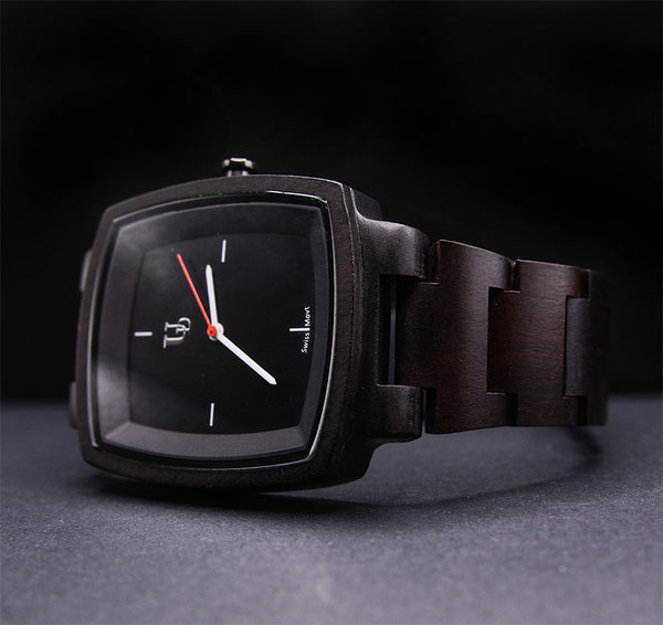 UXD Minimalist Dark Square Wood Watch For Men/Swiss Movt