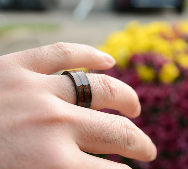 8mm Double Koa Wood Inlay Tungsten Wedding Bands For Men