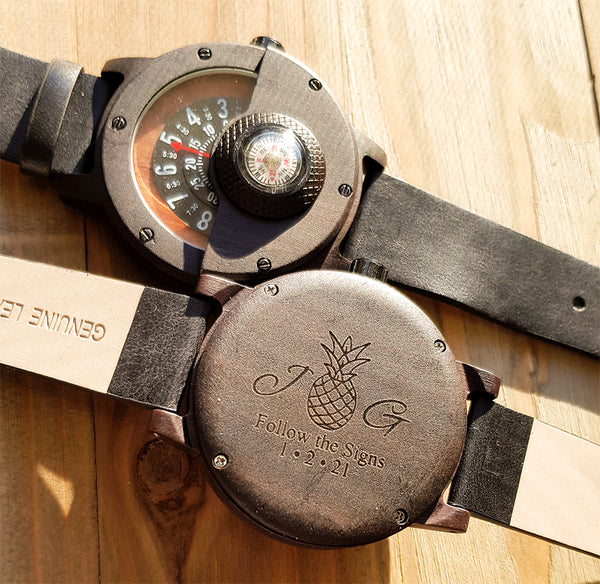 UXD Handmade Compass Wooden Watch For Men With Leather Strap