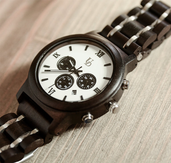 Men's Chronograph Wood Watch With Wood & Stainless Steel Combined Watch Band