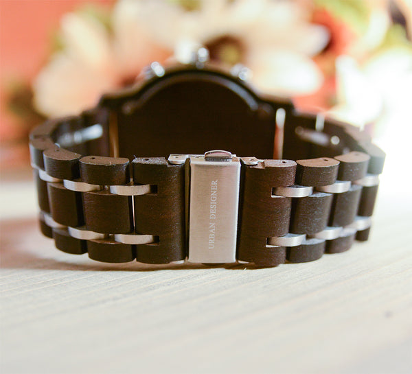 Men's Chronograph Wood Watch With Wood & Stainless Steel Combined Watch Band