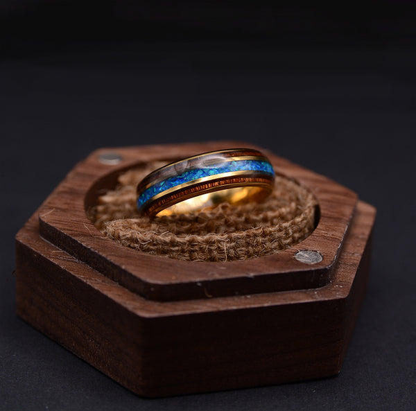 Match His and Hers Yellow Gold Tungsten Rings Opal Ring With Koa Wood Inlay