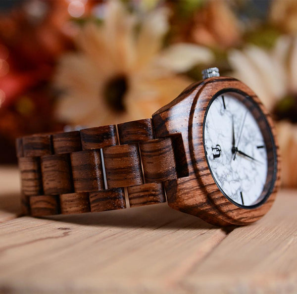 Zebra Round Wooden Watch With Real White Marble Stone Face