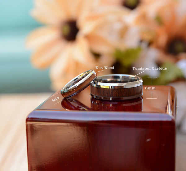 Eternal Harmony: His and Hers Tungsten Ring Set with Koa Wood Inlay