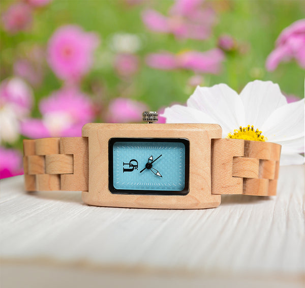 UXD Elegant Turquoise Dial Rectangle Square Natural Wooden Watch For Women