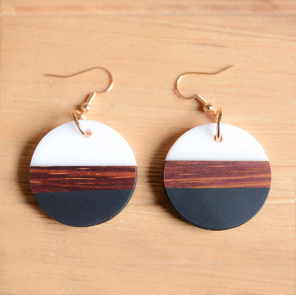 UD Color-block Round Disk Wooden Earrings