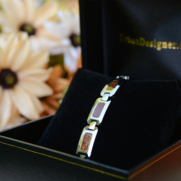 Men's Wood Inlay Polished Tungsten Carbide Link Bracelet Magnetic Silver Tone Wristband