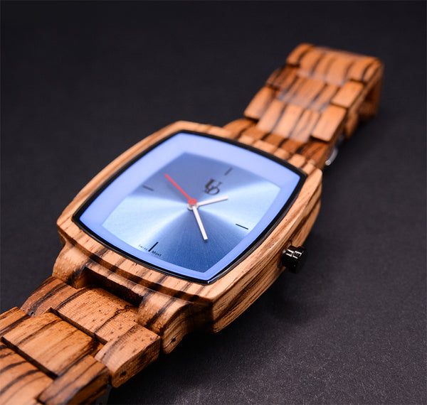 Classic Engraved Mens Zebra Square Wood Watch With Sapphire Face/Swiss Watch