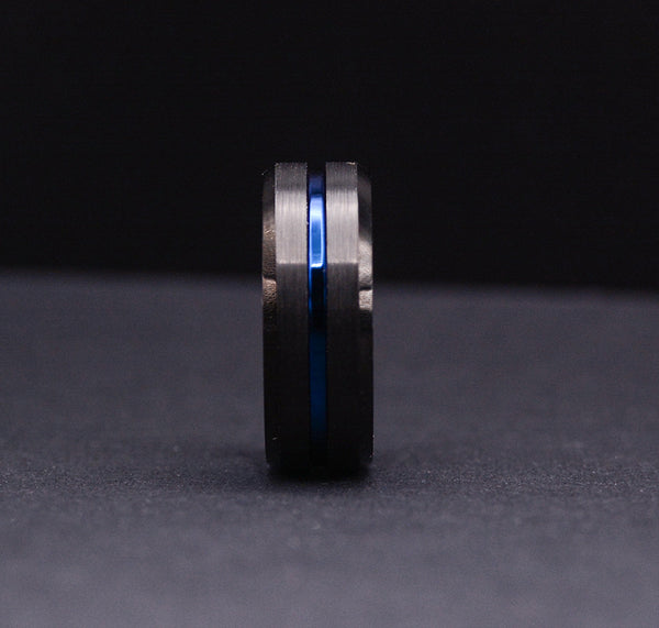 8mm Dark Tungsten Wedding Ring for Men with Striking Blue Accents