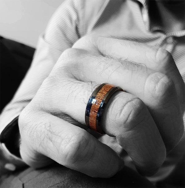 8mm Mens Tungsten Wedding Bands with Koa Wood Inlay Black Tungsten Wood Ring