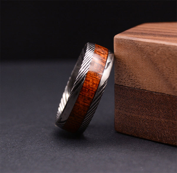 8mm Mens Wedding Band with Koa Wood Inlay and Damascus Steel Pattern Ring | Urban Designer