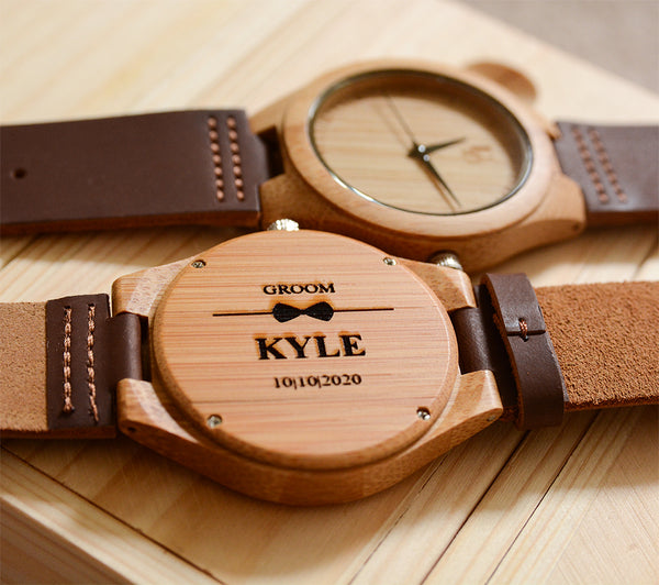 UXD Personalized/Engraved Minimalist Bamboo Wood Face Watch with Premium Leather Strap