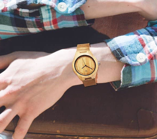 UXD Personalized/Engraved Minimalist Bamboo Wood Face Watch with Premium Leather Strap