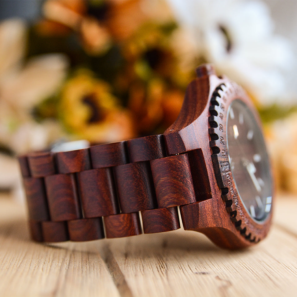 Wood Watches For Men: Personalized Engraved Red Round Sandal Wood