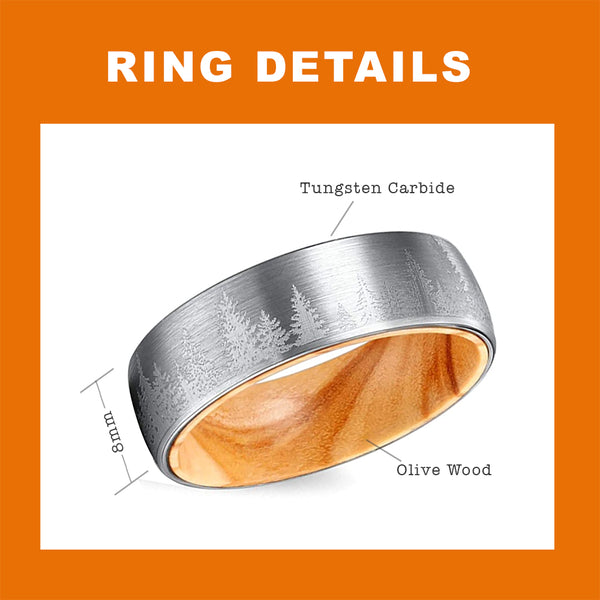 Mens Wedding Band Tungsten Ring Lasered Forest Landscape Men's Brushed Wedding Band with Olive Wood Sleeve