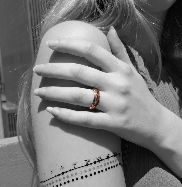 Womens Wooden Wedding Rings Rose Gold Plated Tungsten Ring With Meteorite And Wood Inlay | Urban Designer