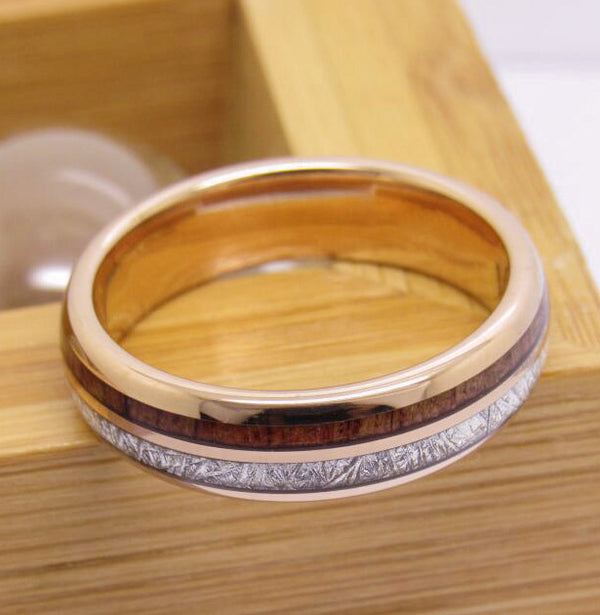 6mm Rose Gold Plated Tungsten Ring With Meteorite And Wood Inlay
