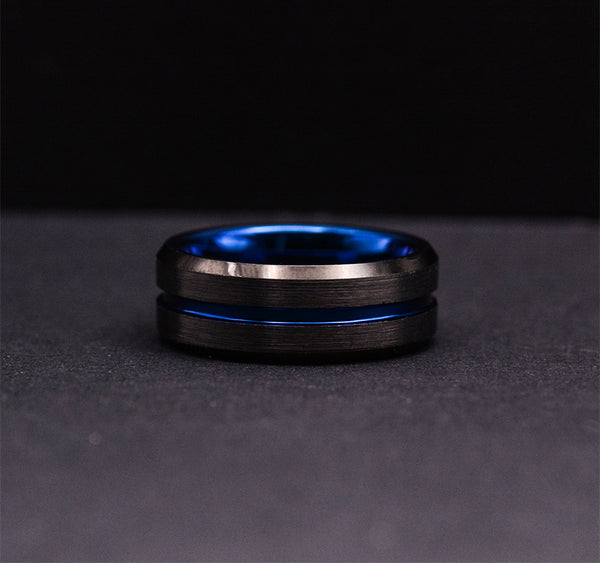 8mm Dark Tungsten Wedding Ring for Men with Striking Blue Accents