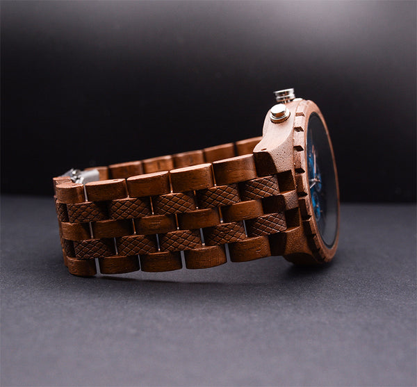 Classic Engraved Mens Dark Wood Watch With Blue Face