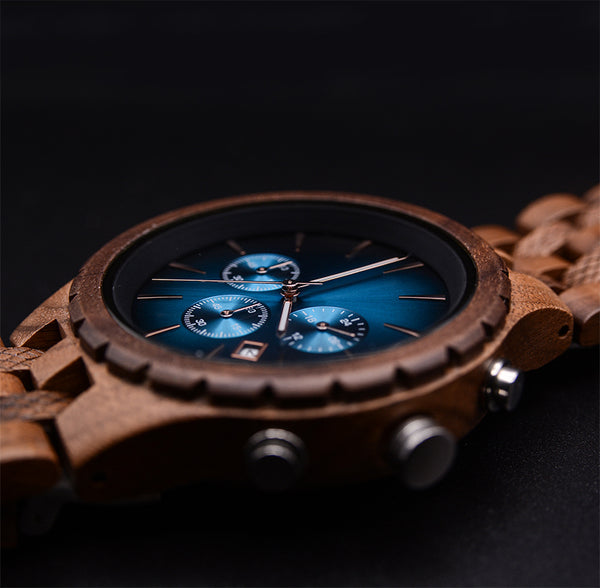 Watches For Men Dark Engraved Wooden Watches For Men With Blue Face | Urban Designer