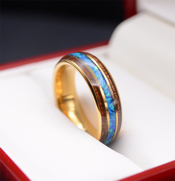 Match His and Hers Yellow Gold Tungsten Rings Opal Ring With Koa Wood Inlay