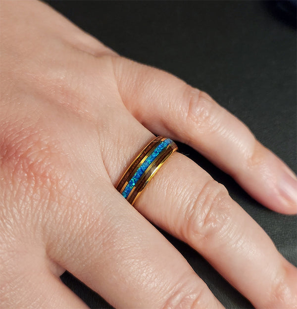Match His and Hers Yellow Gold Tungsten Rings Opal Ring With Koa Wood Inlay