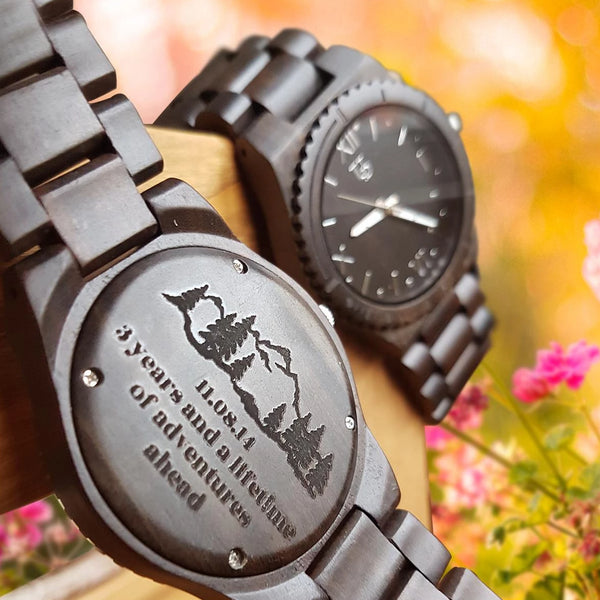 UXD Personalized/Engraved Exotic Dark Round Wood Watch For Men